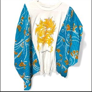 Super Saiyan Kantha Upcycled Tee - White &  Blue One size